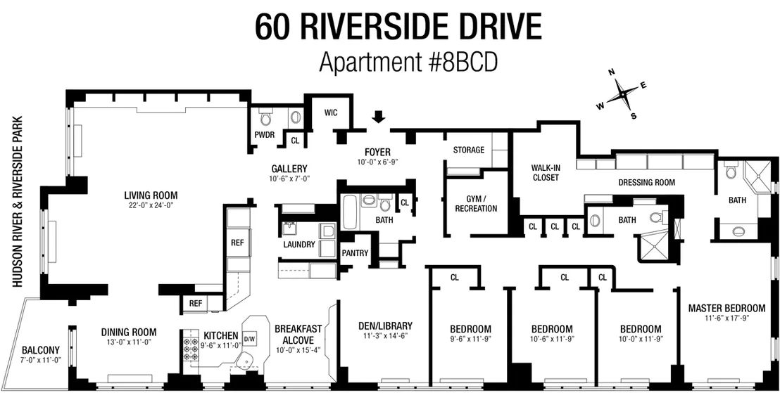 Floorplan at Unit 8BCD at 60 Riverside Drive
